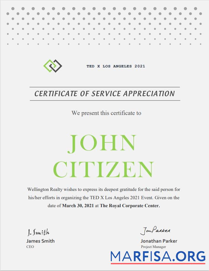 Realistic USA Service certificate example